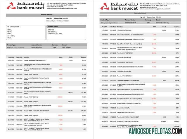 Extrato de conta em branco do Oman Bank Muscat modelo Word e PDF, 2 páginas